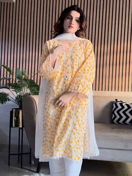 🌼 Classic 3-Piece Cotton Suit – Yellow & White Print