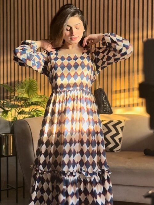 🔷 Multi-Triangle Print Frill Frock – Playful & Bold