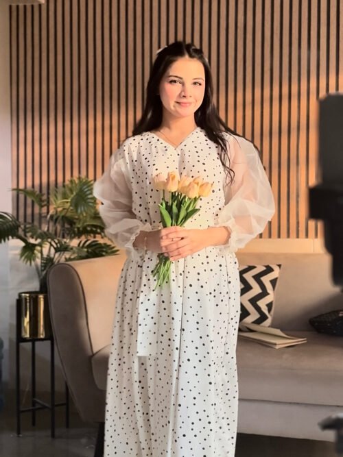 Dot Drama Maxi – Off-White Elegance with Flare Sleeves